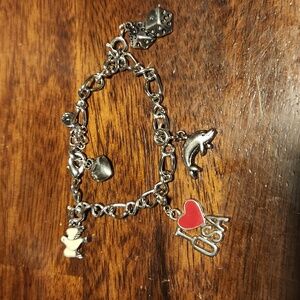 C Mania Silver Tone USA, Dolphin, Dice, Dove, Heart, Charm Bracelet